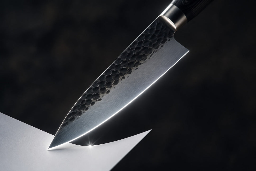 MISAKI Damastmesser schneidet ein weisses Blatt Papier